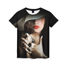 Женская футболка 3D с принтом Загадочная девушка в Кировске, 100% полиэфир ( синтетическое хлопкоподобное полотно) | прямой крой, круглый вырез горловины, длина до линии бедер | губы | девушка | загадочная | перстни | шляпа
