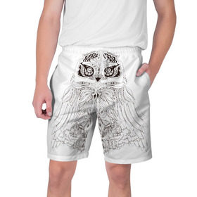 Мужские шорты 3D с принтом Сова в Кировске,  полиэстер 100% | прямой крой, два кармана без застежек по бокам. Мягкая трикотажная резинка на поясе, внутри которой широкие завязки. Длина чуть выше колен | сова чернобелое