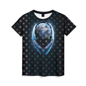 Женская футболка 3D с принтом Alien в Кировске, 100% полиэфир ( синтетическое хлопкоподобное полотно) | прямой крой, круглый вырез горловины, длина до линии бедер | alien | гуманоид | звезды | инопланетянин | космос