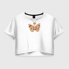 Женская футболка 3D укороченная с принтом Золотая бабочка в Кировске, 100% полиэстер | круглая горловина, длина футболки до линии талии, рукава с отворотами | бабочка