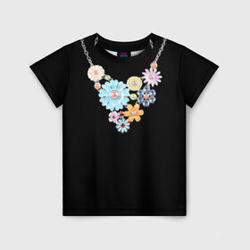Детская футболка 3D с принтом Ожерелье в Кировске, 100% гипоаллергенный полиэфир | прямой крой, круглый вырез горловины, длина до линии бедер, чуть спущенное плечо, ткань немного тянется | белое | бижутерия | бусы | золото | камни | ожерелье | украшение | цветы | цепь