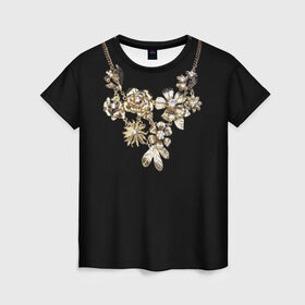 Женская футболка 3D с принтом Золотое ожерелье в Кировске, 100% полиэфир ( синтетическое хлопкоподобное полотно) | прямой крой, круглый вырез горловины, длина до линии бедер | бриллианты | драгоценность | золото | золотые | лепестки | ожерелье | роза | цветы | цепь
