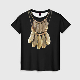 Женская футболка 3D с принтом Золотые перья в Кировске, 100% полиэфир ( синтетическое хлопкоподобное полотно) | прямой крой, круглый вырез горловины, длина до линии бедер | бусы | драгоценность | золото | золотые перья | украшение | цепь