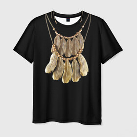 Мужская футболка 3D с принтом Золотые перья в Кировске, 100% полиэфир | прямой крой, круглый вырез горловины, длина до линии бедер | бусы | драгоценность | золото | золотые перья | украшение | цепь