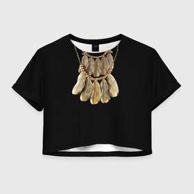 Женская футболка 3D укороченная с принтом Золотые перья в Кировске, 100% полиэстер | круглая горловина, длина футболки до линии талии, рукава с отворотами | бусы | драгоценность | золото | золотые перья | украшение | цепь