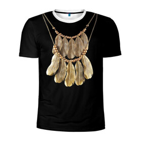 Мужская футболка 3D спортивная с принтом Золотые перья в Кировске, 100% полиэстер с улучшенными характеристиками | приталенный силуэт, круглая горловина, широкие плечи, сужается к линии бедра | бусы | драгоценность | золото | золотые перья | украшение | цепь