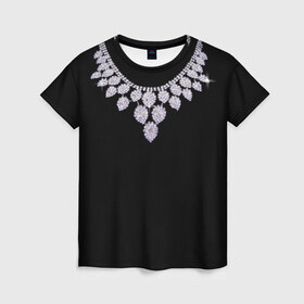 Женская футболка 3D с принтом Бриллиантовое ожерелье в Кировске, 100% полиэфир ( синтетическое хлопкоподобное полотно) | прямой крой, круглый вырез горловины, длина до линии бедер | бриллианты | драгоценность | золотое ожерелье | камни | лепестки | цепь