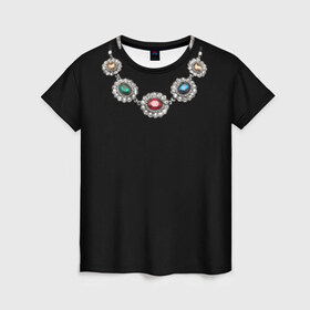 Женская футболка 3D с принтом Ожерелье в Кировске, 100% полиэфир ( синтетическое хлопкоподобное полотно) | прямой крой, круглый вырез горловины, длина до линии бедер | бриллианты | драгоценность | золото | золотое | камни | ожерелье | цепь