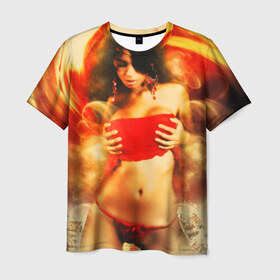 Мужская футболка 3D с принтом Огненная девушка в Кировске, 100% полиэфир | прямой крой, круглый вырез горловины, длина до линии бедер | Тематика изображения на принте: брюнетка | ветер | вихрь | девушка | красный | огненная | огонь | страсть