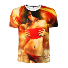 Мужская футболка 3D спортивная с принтом Огненная девушка в Кировске, 100% полиэстер с улучшенными характеристиками | приталенный силуэт, круглая горловина, широкие плечи, сужается к линии бедра | брюнетка | ветер | вихрь | девушка | красный | огненная | огонь | страсть