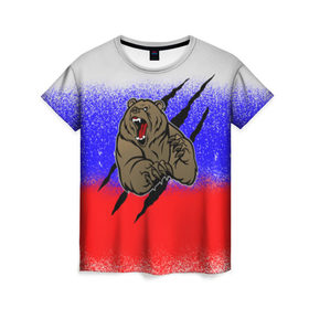 Женская футболка 3D с принтом Свирепый медведь в Кировске, 100% полиэфир ( синтетическое хлопкоподобное полотно) | прямой крой, круглый вырез горловины, длина до линии бедер | русь