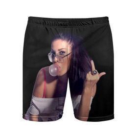 Мужские шорты 3D спортивные с принтом Девушка с жвачкой в Кировске,  |  | взгляд | девушка | жвачка | жевательная | очки | палец | перстень | показывает | пузырь | резинка | средний
