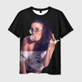 Мужская футболка 3D с принтом Девушка с жвачкой в Кировске, 100% полиэфир | прямой крой, круглый вырез горловины, длина до линии бедер | взгляд | девушка | жвачка | жевательная | очки | палец | перстень | показывает | пузырь | резинка | средний