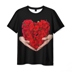 Мужская футболка 3D с принтом Сердце в руках в Кировске, 100% полиэфир | прямой крой, круглый вырез горловины, длина до линии бедер | 8 марта | любовь | подарок | праздник | розы | руки | сердце