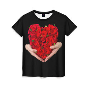 Женская футболка 3D с принтом Сердце в руках в Кировске, 100% полиэфир ( синтетическое хлопкоподобное полотно) | прямой крой, круглый вырез горловины, длина до линии бедер | 8 марта | любовь | подарок | праздник | розы | руки | сердце