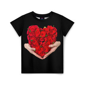 Детская футболка 3D с принтом Сердце в руках в Кировске, 100% гипоаллергенный полиэфир | прямой крой, круглый вырез горловины, длина до линии бедер, чуть спущенное плечо, ткань немного тянется | Тематика изображения на принте: 8 марта | любовь | подарок | праздник | розы | руки | сердце