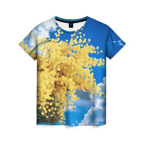 Женская футболка 3D с принтом Мимозы в Кировске, 100% полиэфир ( синтетическое хлопкоподобное полотно) | прямой крой, круглый вырез горловины, длина до линии бедер | 8 марта | весна | мимозы | небо | облака | цветы