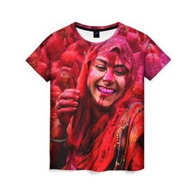 Женская футболка 3D с принтом Фестиваль красок Холи в Кировске, 100% полиэфир ( синтетическое хлопкоподобное полотно) | прямой крой, круглый вырез горловины, длина до линии бедер | festival | festival of colors | holi | весны | девушка | индия | индуистский фестиваль | красная | красок | холи