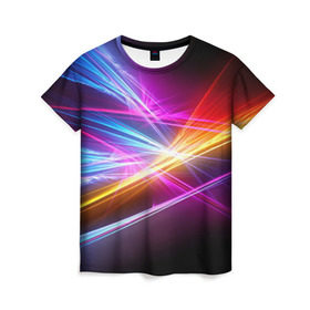Женская футболка 3D с принтом Лучи в Кировске, 100% полиэфир ( синтетическое хлопкоподобное полотно) | прямой крой, круглый вырез горловины, длина до линии бедер | кислотный | лучи | обстракция | радуга | свет | спектр | цвет | цвета | яркие