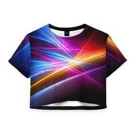 Женская футболка 3D укороченная с принтом Лучи в Кировске, 100% полиэстер | круглая горловина, длина футболки до линии талии, рукава с отворотами | Тематика изображения на принте: кислотный | лучи | обстракция | радуга | свет | спектр | цвет | цвета | яркие