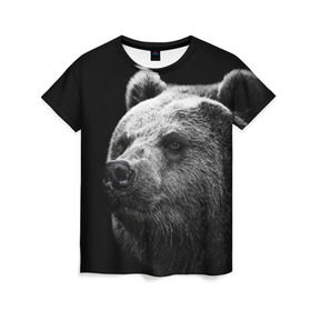 Женская футболка 3D с принтом Медведь в Кировске, 100% полиэфир ( синтетическое хлопкоподобное полотно) | прямой крой, круглый вырез горловины, длина до линии бедер | бурый | дикий | животное | медведь | россия | символ | тайги | фото | хищник | хозяин | черно белое