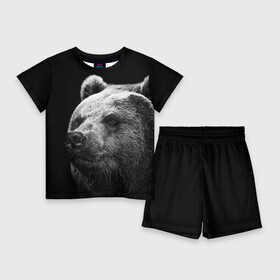 Детский костюм с шортами 3D с принтом Медведь в Кировске,  |  | Тематика изображения на принте: бурый | дикий | животное | медведь | россия | символ | тайги | фото | хищник | хозяин | черно белое