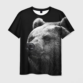 Мужская футболка 3D с принтом Медведь в Кировске, 100% полиэфир | прямой крой, круглый вырез горловины, длина до линии бедер | бурый | дикий | животное | медведь | россия | символ | тайги | фото | хищник | хозяин | черно белое