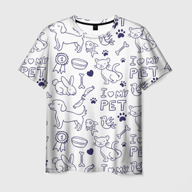 Мужская футболка 3D с принтом Я люблю своих питомцев в Кировске, 100% полиэфир | прямой крой, круглый вырез горловины, длина до линии бедер | животные | коты | любовь | собаки