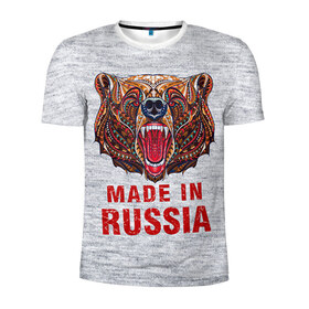 Мужская футболка 3D спортивная с принтом made in Russia в Кировске, 100% полиэстер с улучшенными характеристиками | приталенный силуэт, круглая горловина, широкие плечи, сужается к линии бедра | Тематика изображения на принте: bear | made | made in russia | russia | злой | медведь | пасть | русский | я | я русский
