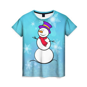 Женская футболка 3D с принтом Снеговик в Кировске, 100% полиэфир ( синтетическое хлопкоподобное полотно) | прямой крой, круглый вырез горловины, длина до линии бедер | новый год | снеговик