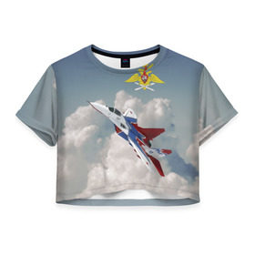 Женская футболка 3D укороченная с принтом Самолёт в Кировске, 100% полиэстер | круглая горловина, длина футболки до линии талии, рукава с отворотами | авиация | ввс | ввс россии | небо | самолёт