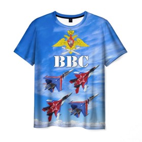 Мужская футболка 3D с принтом ВВС России в Кировске, 100% полиэфир | прямой крой, круглый вырез горловины, длина до линии бедер | авиация | ввс | день ввс | небо | россия | самолёты