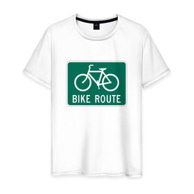 Мужская футболка хлопок с принтом Дорога для велосипедистов в Кировске, 100% хлопок | прямой крой, круглый вырез горловины, длина до линии бедер, слегка спущенное плечо. | Тематика изображения на принте: велосипед | дорожный велосипедный знак знак | спорт | экстрим