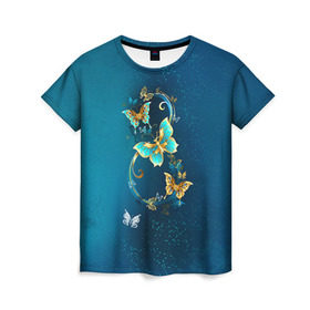 Женская футболка 3D с принтом Бабочки в Кировске, 100% полиэфир ( синтетическое хлопкоподобное полотно) | прямой крой, круглый вырез горловины, длина до линии бедер | 8 марта | бабочки | женский | международный | подарок | цветы