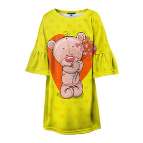 Детское платье 3D с принтом Мишка с цветочками в Кировске, 100% полиэстер | прямой силуэт, чуть расширенный к низу. Круглая горловина, на рукавах — воланы | 8марта | весна | девушкам | милый | мишка | подарок | цветок