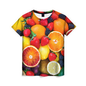 Женская футболка 3D с принтом Мультифрукт в Кировске, 100% полиэфир ( синтетическое хлопкоподобное полотно) | прямой крой, круглый вырез горловины, длина до линии бедер | апельсин | ежевика | киви | клубника | лимон | яблоко