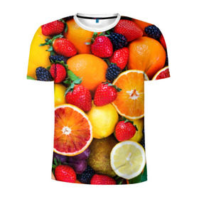 Мужская футболка 3D спортивная с принтом Мультифрукт в Кировске, 100% полиэстер с улучшенными характеристиками | приталенный силуэт, круглая горловина, широкие плечи, сужается к линии бедра | апельсин | ежевика | киви | клубника | лимон | яблоко
