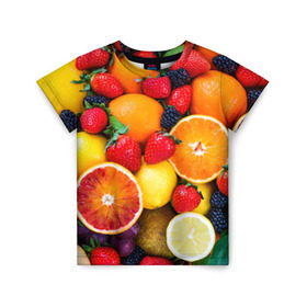 Детская футболка 3D с принтом Мультифрукт в Кировске, 100% гипоаллергенный полиэфир | прямой крой, круглый вырез горловины, длина до линии бедер, чуть спущенное плечо, ткань немного тянется | апельсин | ежевика | киви | клубника | лимон | яблоко