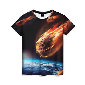 Женская футболка 3D с принтом Метеориты в Кировске, 100% полиэфир ( синтетическое хлопкоподобное полотно) | прямой крой, круглый вырез горловины, длина до линии бедер | астероид | земля | космос | метеор | планета