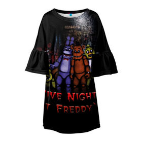 Детское платье 3D с принтом Five Nights At Freddy`s в Кировске, 100% полиэстер | прямой силуэт, чуть расширенный к низу. Круглая горловина, на рукавах — воланы | five nights at freddys | five nights at freddys по мотивам игрыfreddy | игры | мишка | фнаф | фредди