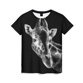 Женская футболка 3D с принтом Жираф в Кировске, 100% полиэфир ( синтетическое хлопкоподобное полотно) | прямой крой, круглый вырез горловины, длина до линии бедер | африка | животное | жираф | фон | фото | черно белое | черный
