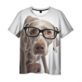 Мужская футболка 3D с принтом Собака в очках в Кировске, 100% полиэфир | прямой крой, круглый вырез горловины, длина до линии бедер | в очках | дог | животное | очки | прикол | пятнистый | собака | щенок