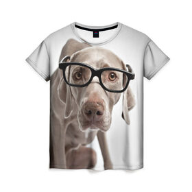 Женская футболка 3D с принтом Собака в очках в Кировске, 100% полиэфир ( синтетическое хлопкоподобное полотно) | прямой крой, круглый вырез горловины, длина до линии бедер | в очках | дог | животное | очки | прикол | пятнистый | собака | щенок