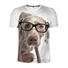 Мужская футболка 3D спортивная с принтом Собака в очках в Кировске, 100% полиэстер с улучшенными характеристиками | приталенный силуэт, круглая горловина, широкие плечи, сужается к линии бедра | в очках | дог | животное | очки | прикол | пятнистый | собака | щенок