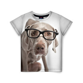 Детская футболка 3D с принтом Собака в очках в Кировске, 100% гипоаллергенный полиэфир | прямой крой, круглый вырез горловины, длина до линии бедер, чуть спущенное плечо, ткань немного тянется | в очках | дог | животное | очки | прикол | пятнистый | собака | щенок