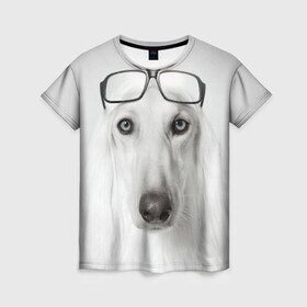 Женская футболка 3D с принтом Собака в очках в Кировске, 100% полиэфир ( синтетическое хлопкоподобное полотно) | прямой крой, круглый вырез горловины, длина до линии бедер | афганская | белая | борзая | в очках | животное | очки | прикол | собака