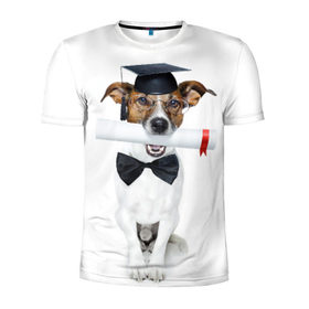 Мужская футболка 3D спортивная с принтом Собака выпускник в Кировске, 100% полиэстер с улучшенными характеристиками | приталенный силуэт, круглая горловина, широкие плечи, сужается к линии бедра | бабочка | галстук | диплом | магистр | пес