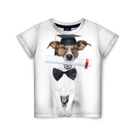 Детская футболка 3D с принтом Собака выпускник в Кировске, 100% гипоаллергенный полиэфир | прямой крой, круглый вырез горловины, длина до линии бедер, чуть спущенное плечо, ткань немного тянется | бабочка | галстук | диплом | магистр | пес