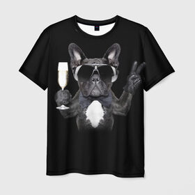 Мужская футболка 3D с принтом Бульдог в очках в Кировске, 100% полиэфир | прямой крой, круглый вырез горловины, длина до линии бедер | бульдог | в очках | знак | очки | перчатка | победа | французский | фужер