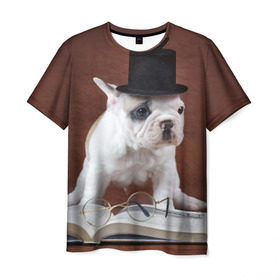 Мужская футболка 3D с принтом Бульдог в цилиндре в Кировске, 100% полиэфир | прямой крой, круглый вырез горловины, длина до линии бедер | бульдог в цилиндре | домашнее | животное | книга французский | очки | пес | прикол | собака | умный | ученый